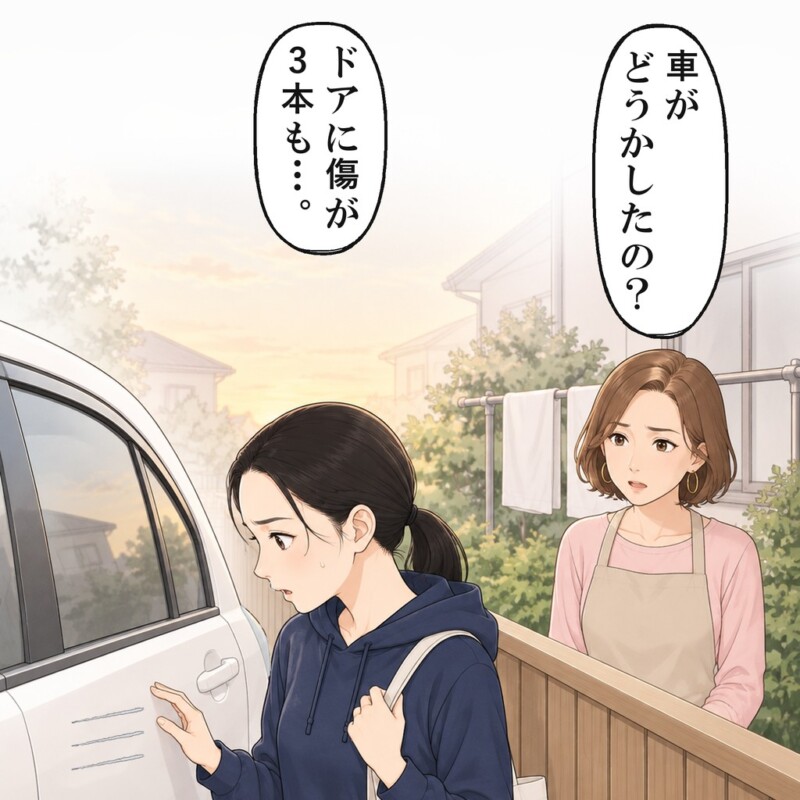 土曜の夕方、車のドアに3本の傷が走っていました