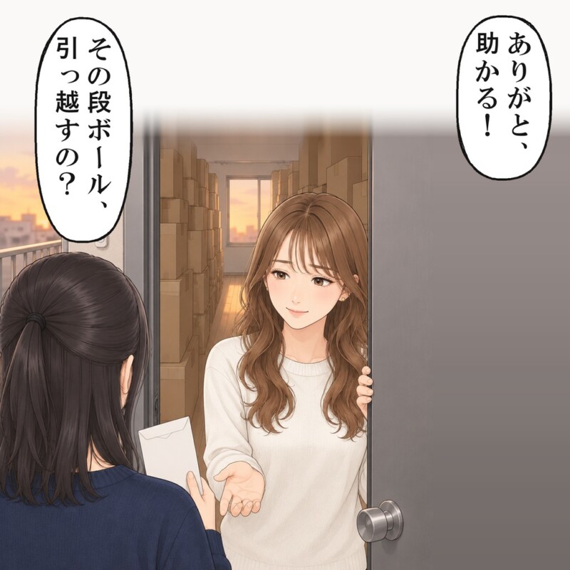 友人の後ろには、段ボール箱が天井近くまで積まれていました
