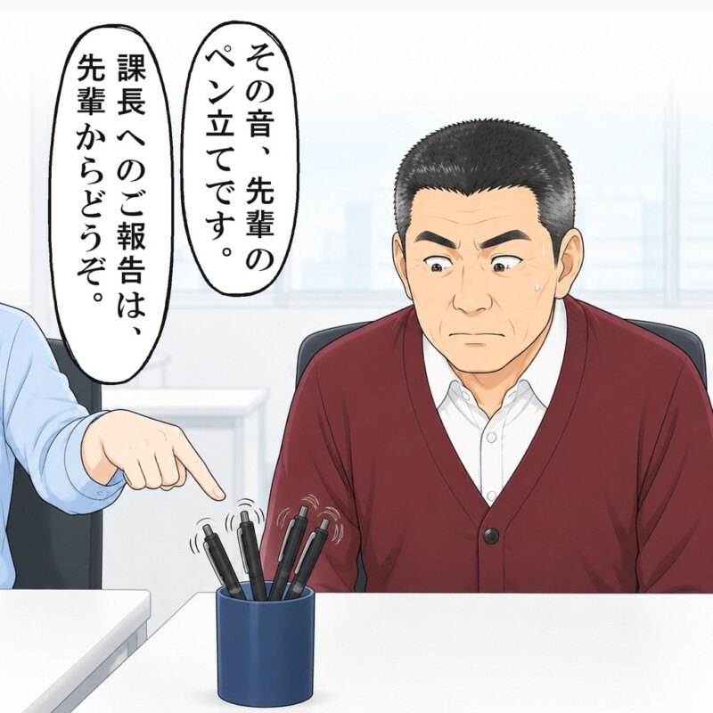 先輩の貧乏ゆすりで、ペン立てが鳴っていました
