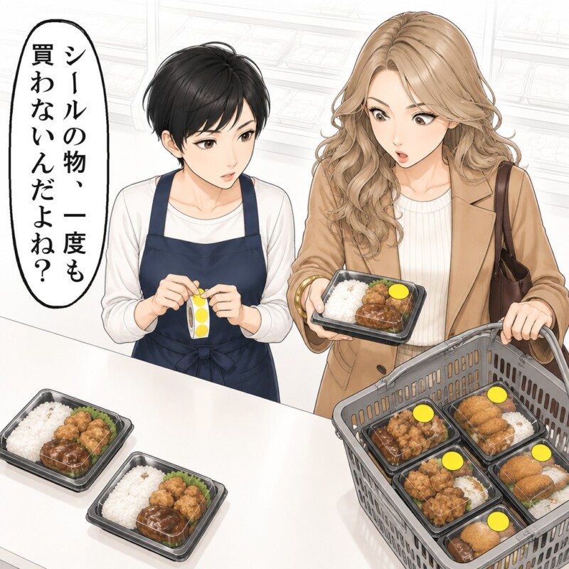 同級生のかごは、私が貼った値引きシールのパックで埋まっていました