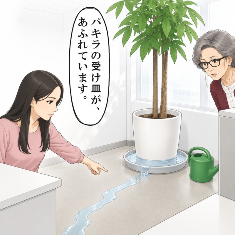水の筋は、窓ぎわのパキラの受け皿まで続いていました
