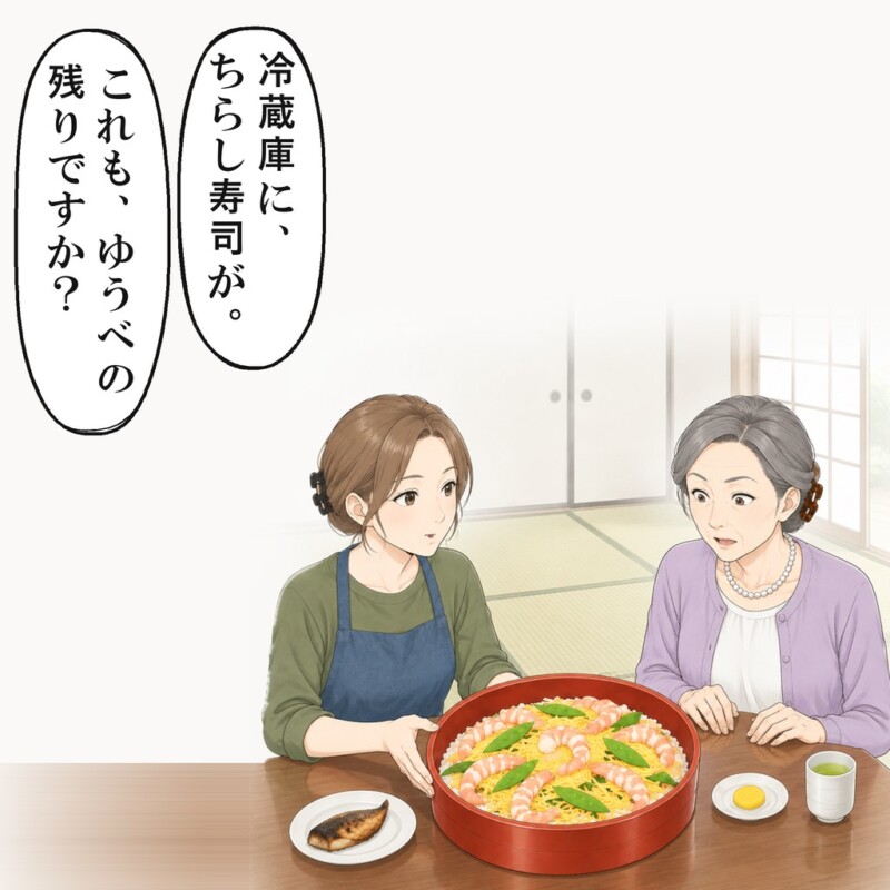 私は、冷蔵庫にあったちらし寿司を座卓に置きました