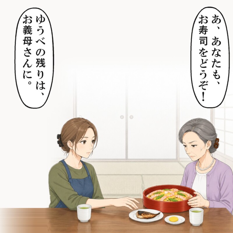急に寿司をすすめる義母の方へ、私は焼き魚を返しました