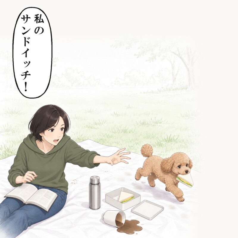 芝生広場の昼ごはんを、走ってきた犬に荒らされました