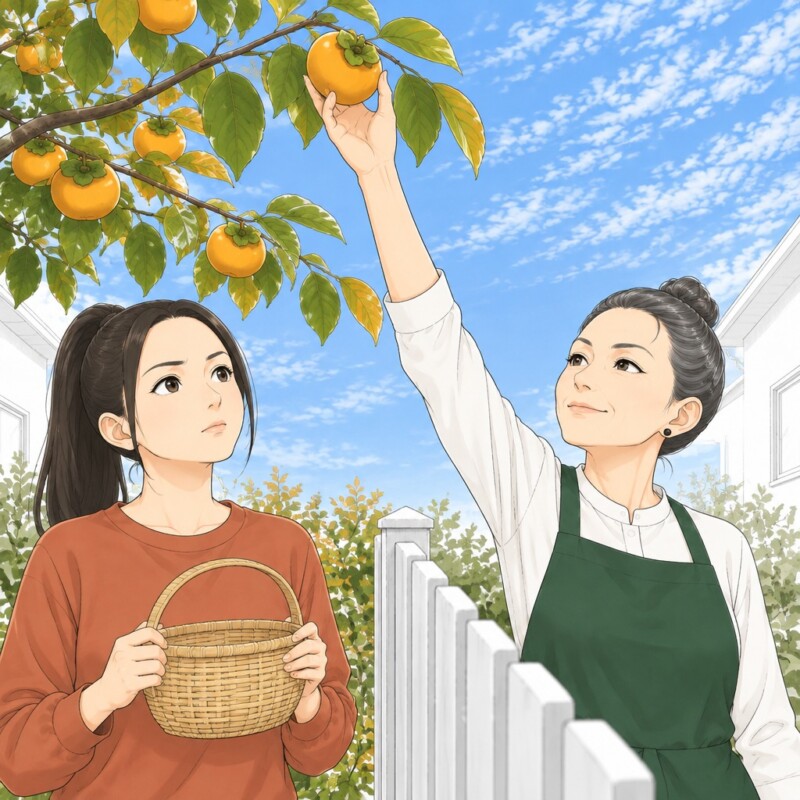 「はみ出した柿は、うちの物よ」町内の決まりだと、私の柿をもいでいく隣の奥さん。私の一言で顔が真っ赤に