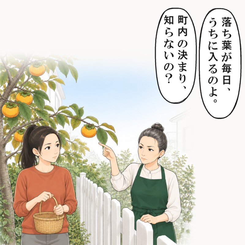隣の奥さんは、柿の落ち葉に文句を言いました