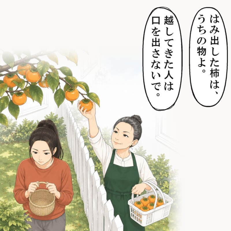 隣の奥さんは、柵を越えた枝の柿を全部もいでいきました