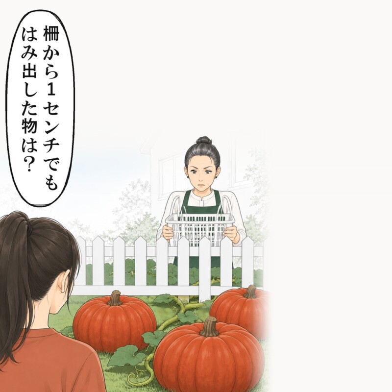隣の庭から伸びたかぼちゃのつるが、私の庭に入り込んでいました