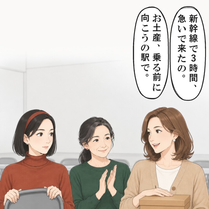 古株の女性は、新幹線で3時間の田舎から来たと言いました
