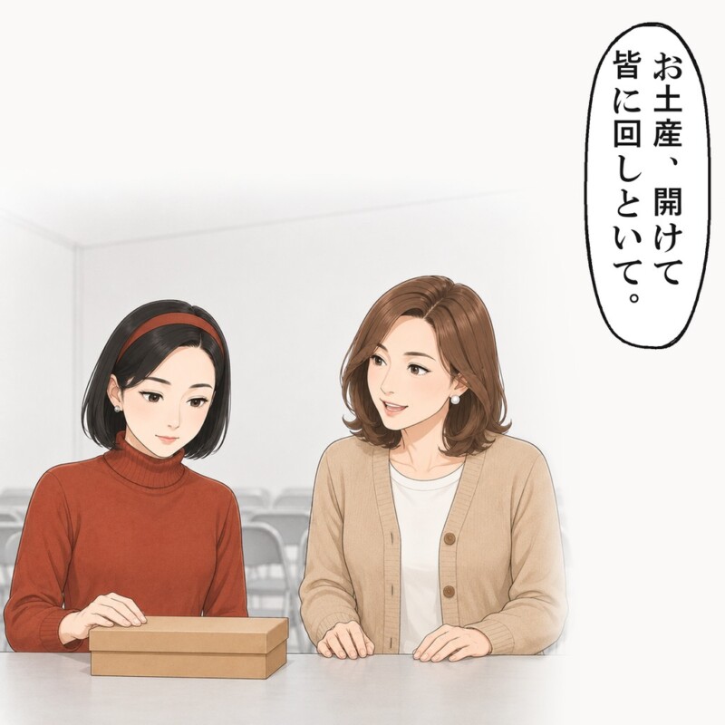 古株の女性は、お土産の箱を開けて回すよう私に頼みました