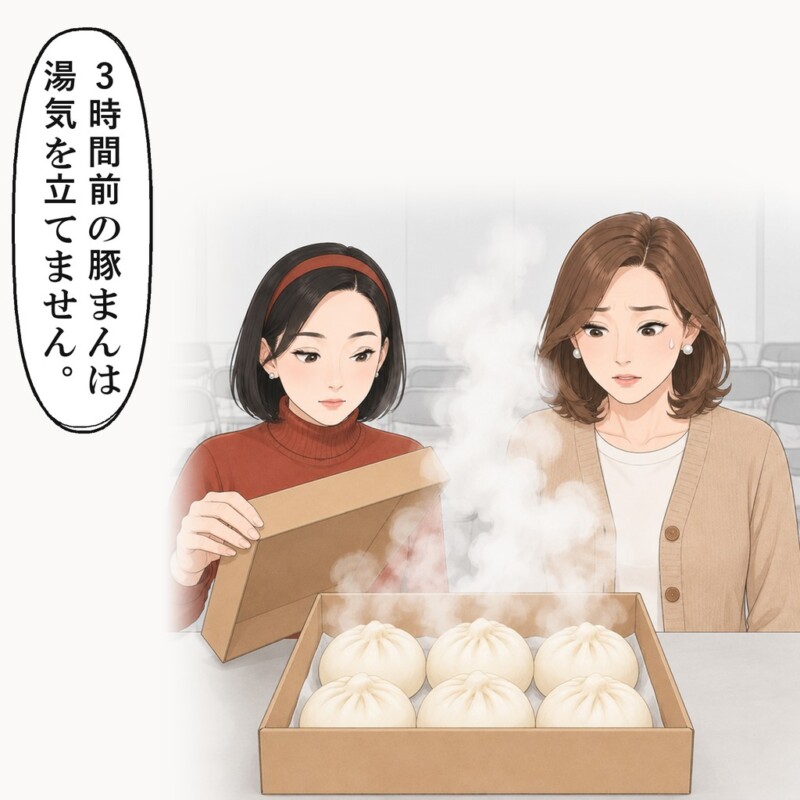ふたを開けると、豚まんから白い湯気が立ちのぼりました