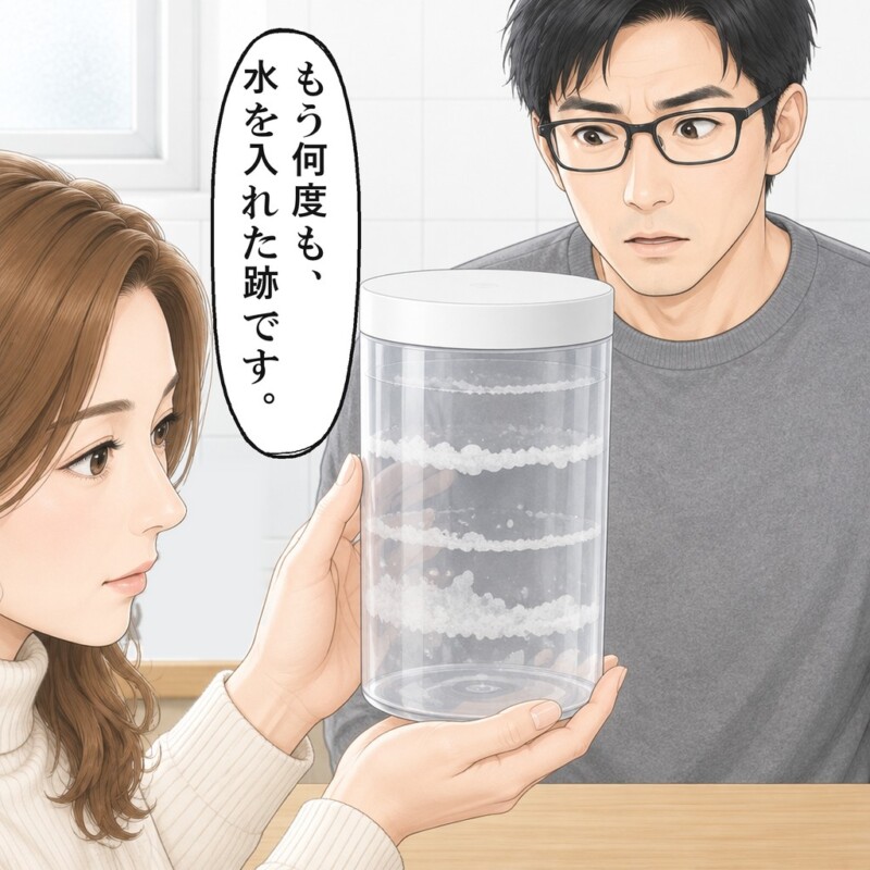 光にかざしたタンクに、白く乾いた輪が何本も見えました