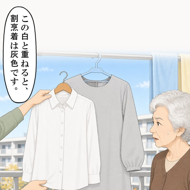 白いブラウスを重ねると、割烹着ははっきり灰色に見えました