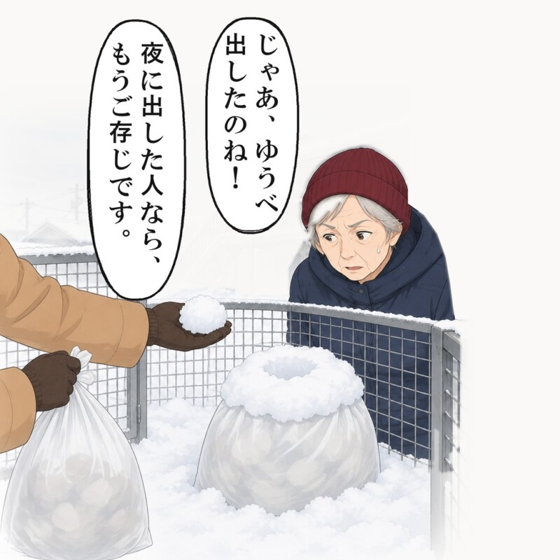 袋の上には、夜通し降った雪が厚く積もっていました