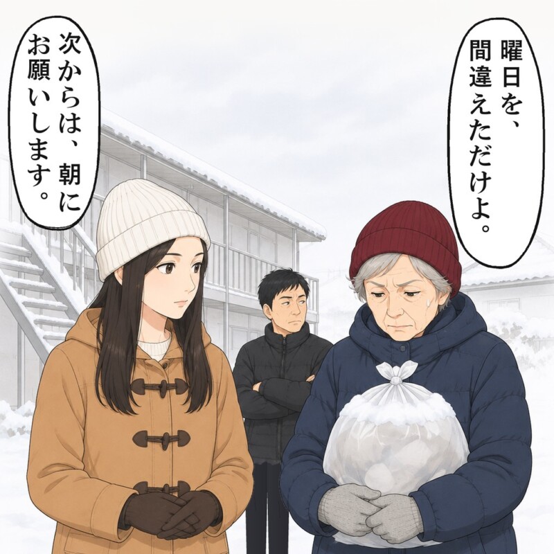 大家は、雪の残るゴミ袋を抱え上げました