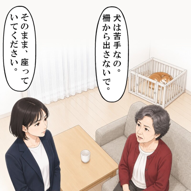 柵から出さないでと言う義母に、座っていてと頼みました