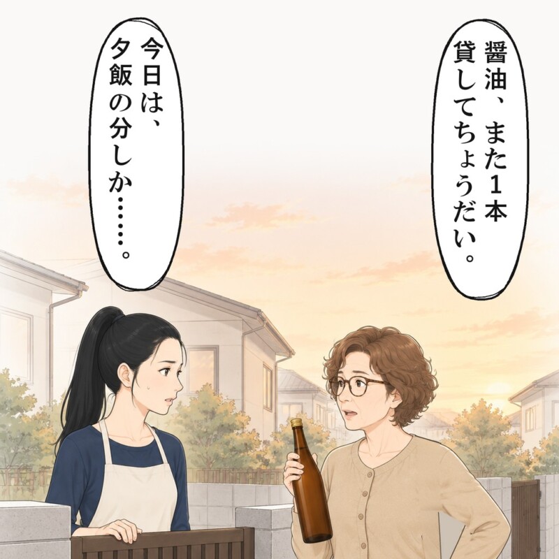近所の奥さんは、お礼のお酒を掲げて、また醤油を借りに来ました