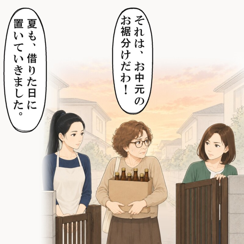 近所の奥さんの目の前で、お隣の奥さんが門扉の掛け金をかけました