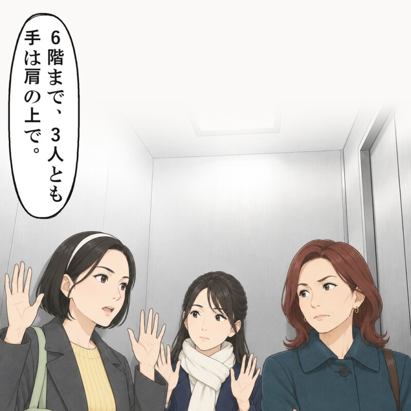 6階まで手は肩の上でと言い、私は両手を上げました