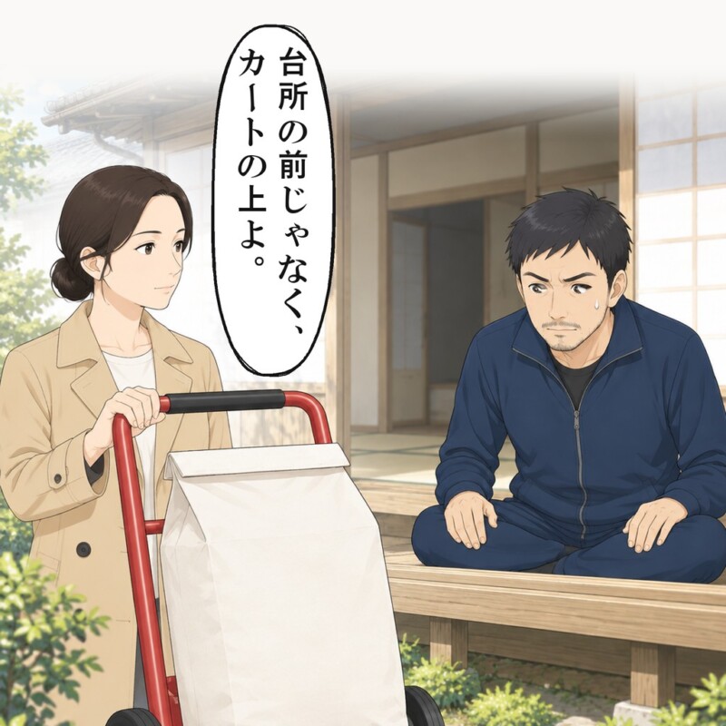 私は母の赤いカートを、縁側の前まで転がしてきました