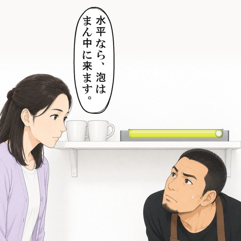 友人の水準器を棚に置くと、泡は右の端に寄りました
