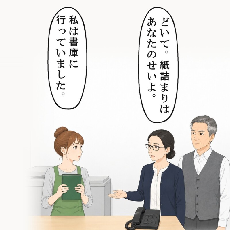 先輩は館長の前で、紙詰まりを私のせいにしました