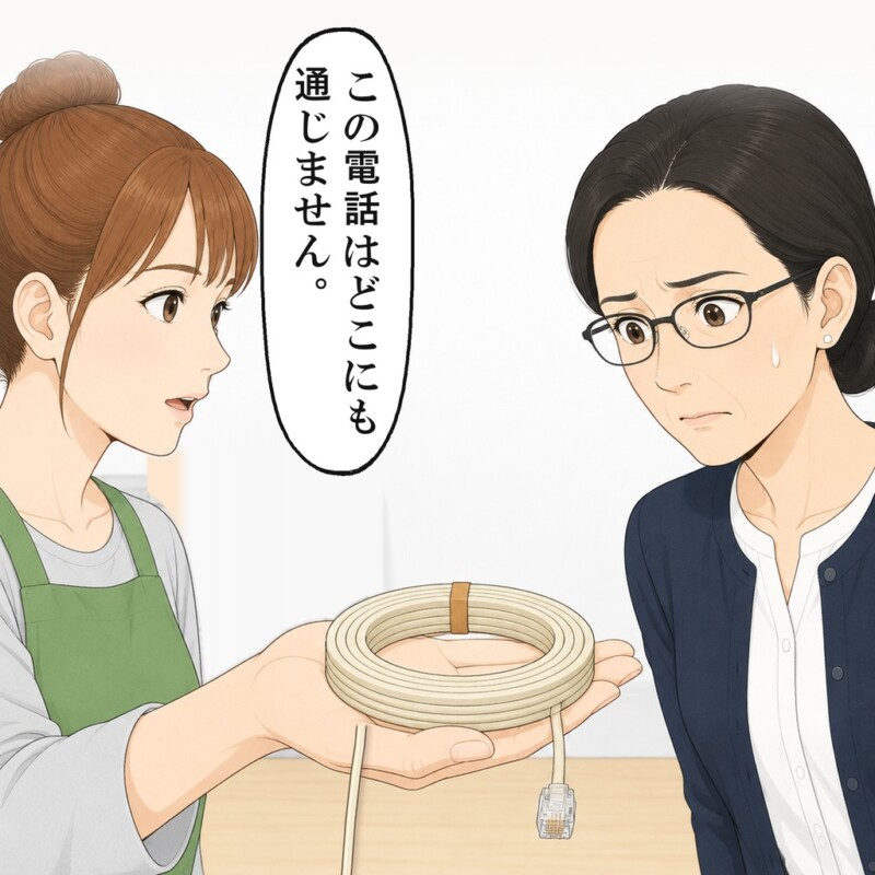 束ねた電話線を見せ、どこにも通じない電話だと示しました