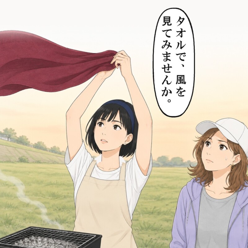 タオルも煙も私の側へ流れ、特等席は風上だと分かりました