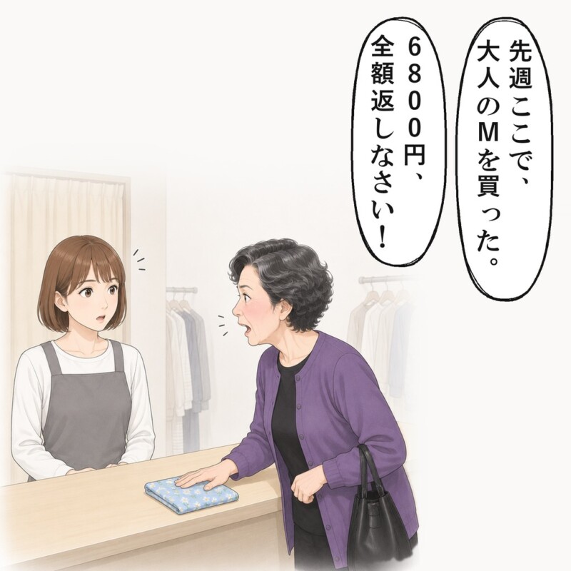 先週買った大人のMを返せと、お客様は怒鳴りました
