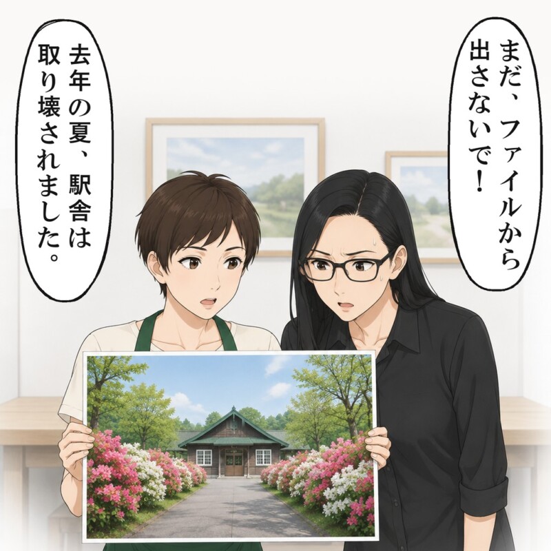 写真の奥には、深緑の屋根の駅舎が写っていました