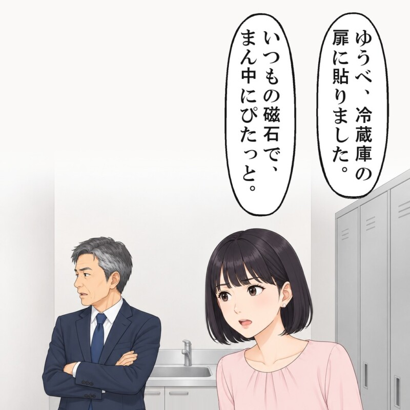 ゆうべ冷蔵庫の扉に磁石でメモを貼った、と言いました