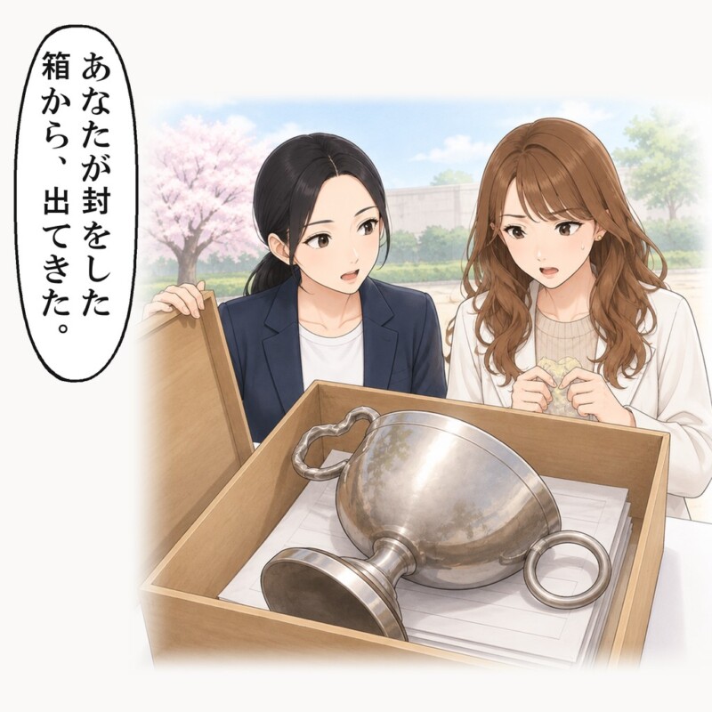 同期の女性が一人で封をした箱から、消えた優勝カップが出てきました