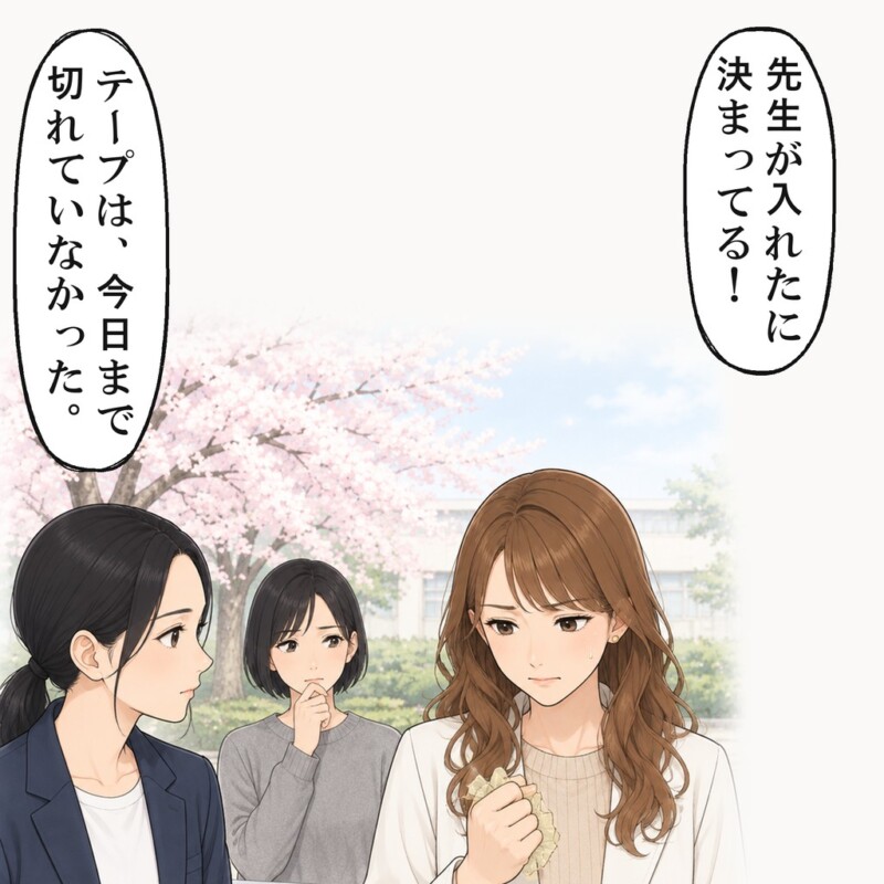 同期の女性の手の中で、丸めたテープがつぶれました
