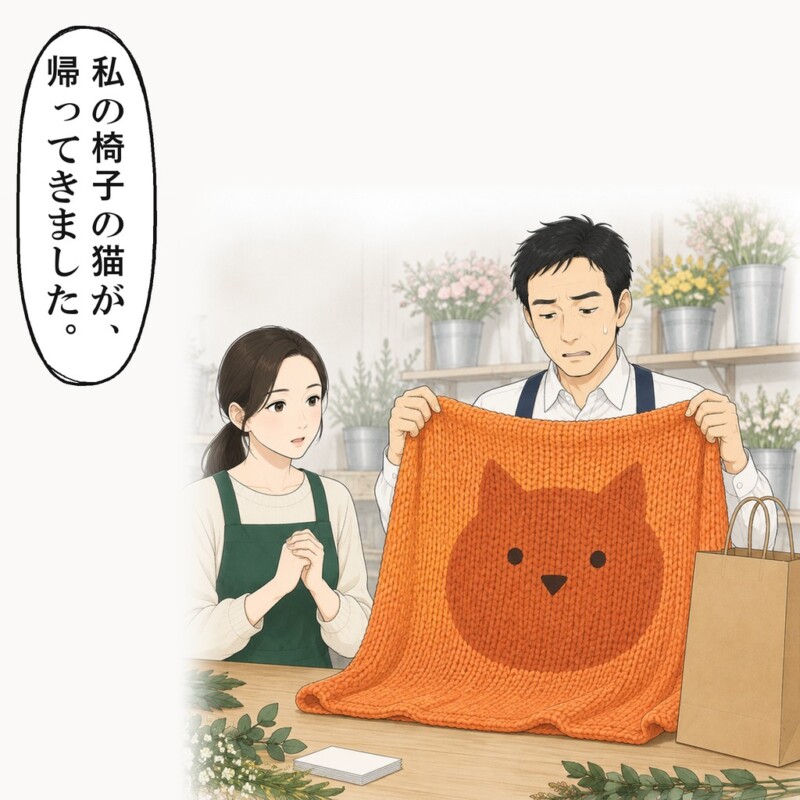 お礼の袋から、私が貸した猫のひざ掛けが出てきました
