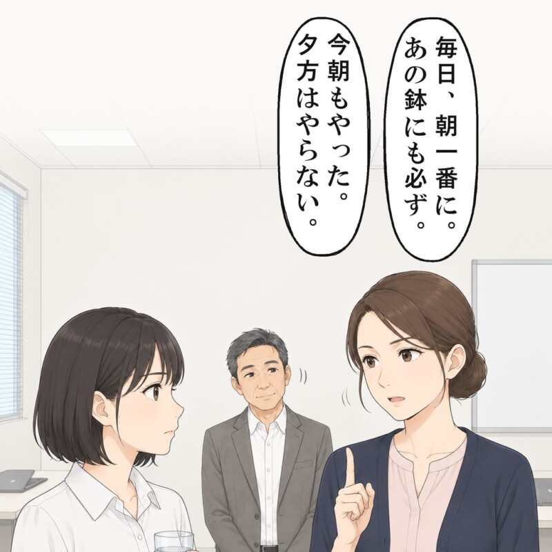 先輩は朝一番に毎日水をやったと言い切り、部長がうなずきます