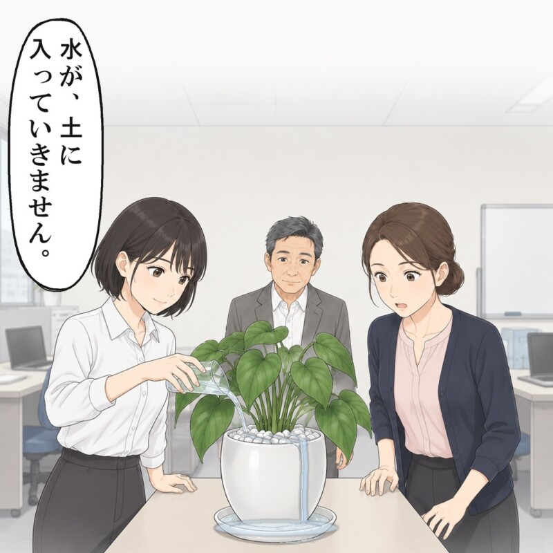 私がコップの水を注ぐと、水は土にうまく染みこまずに流れ出ました